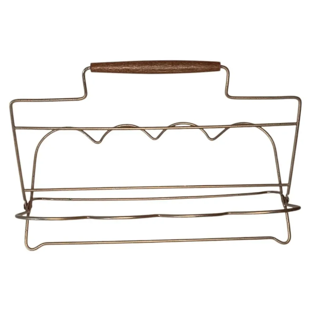 Vintage Mid-century Modern Gold Metal 8 Glass Holder Caddy Wooden Handle
